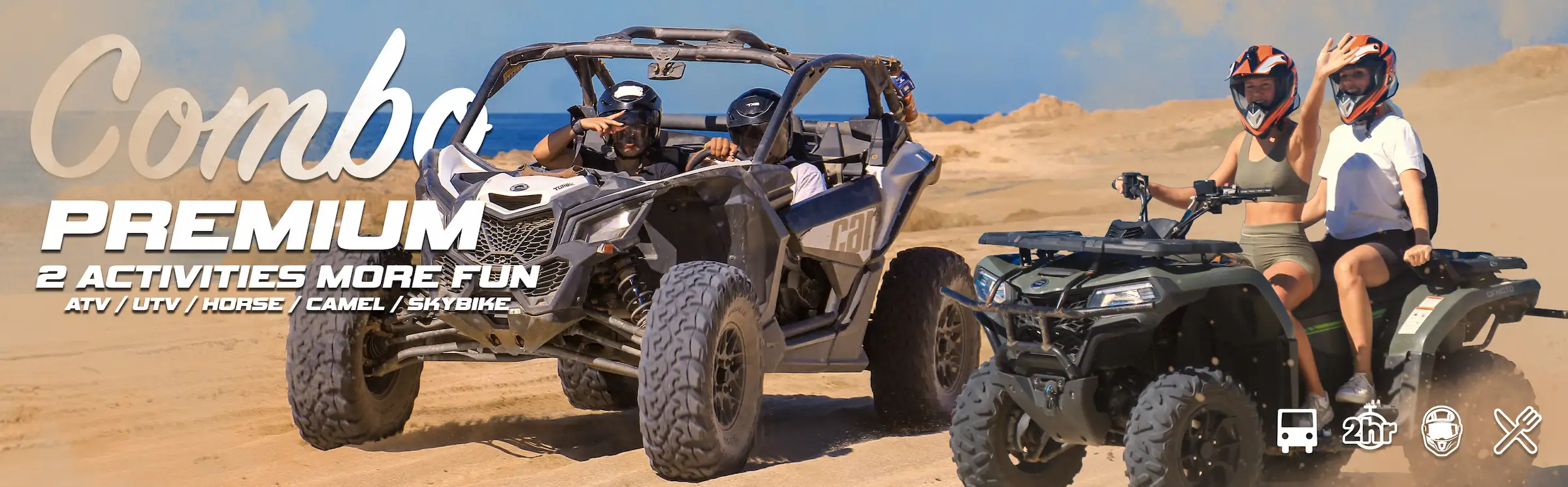 UTV and ATV driving on a desert trail by the ocean in Cabo San Lucas