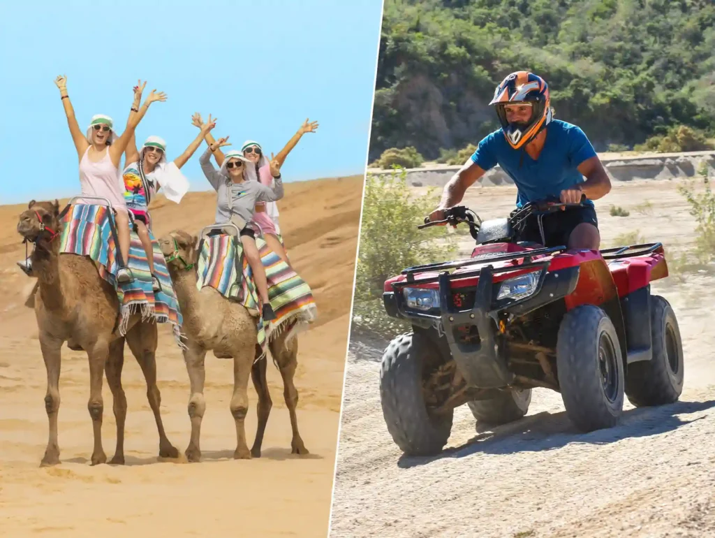 Group riding camels in the desert alongside a man driving a red ATV on a dirt trail, representing an adventure combo experience.