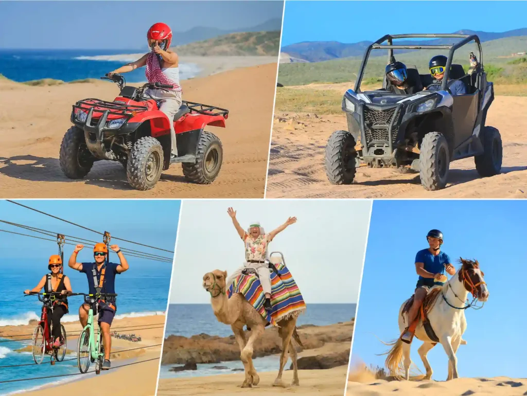 Collage of adventure activities including an ATV on the beach, UTV on desert trails, zipline by the ocean, camel ride, and horseback riding in the desert.