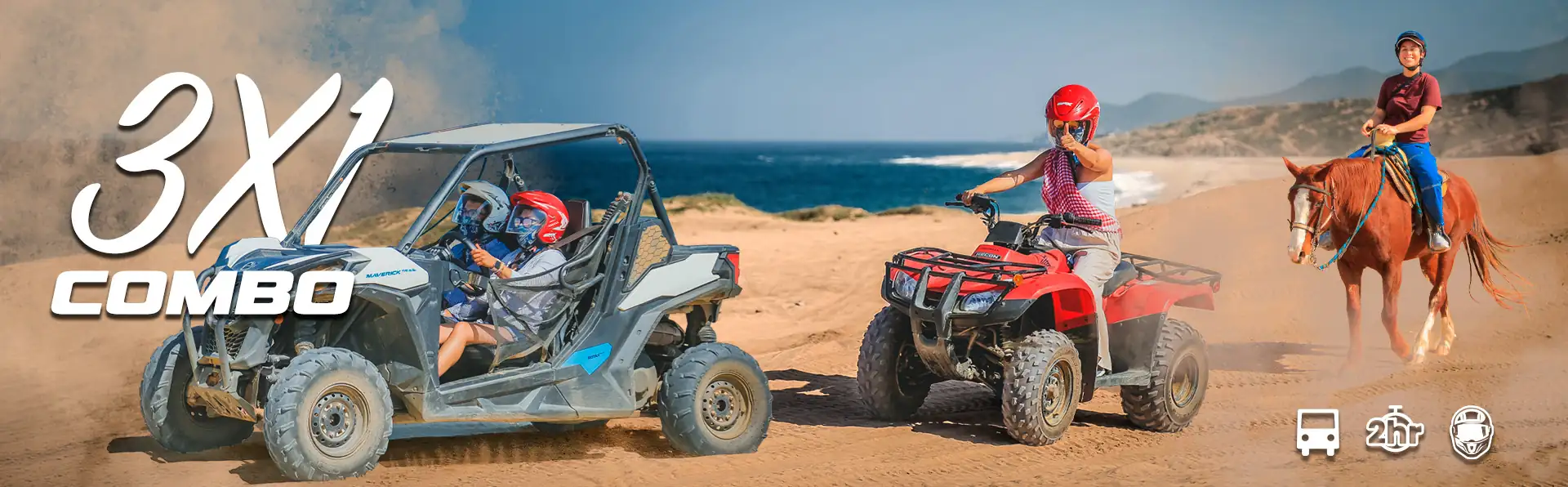 3x1 Combo banner featuring a UTV, ATV, and horseback riding on the beach by the ocean.