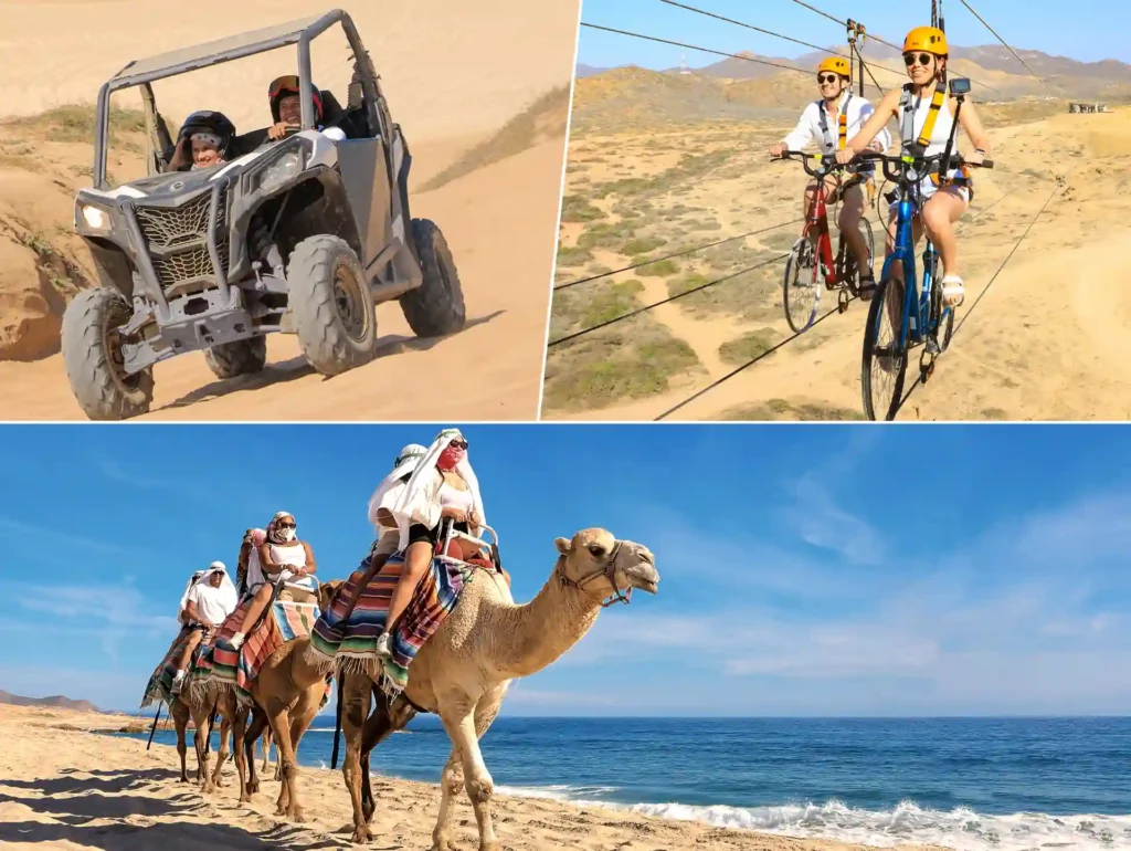 Collage of three activities including a UTV on sand dunes, a zipline bike over the desert, and a camel ride along the beach.