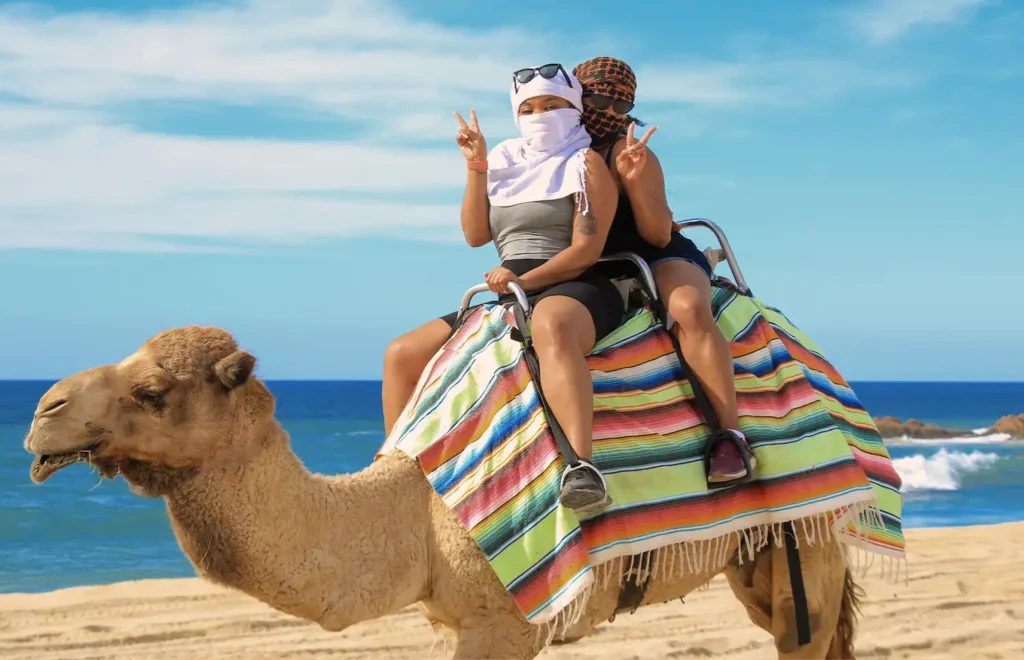 Two women riding a camel on the beach with the ocean in the background in Cabo San Lucas