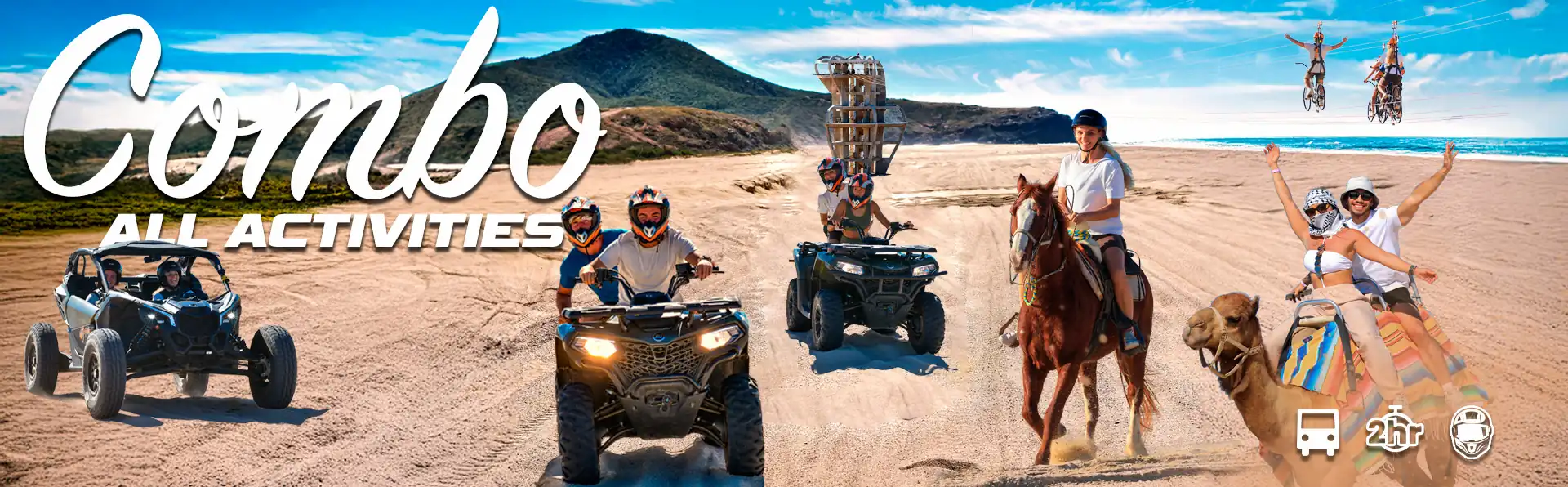 All activities combo banner featuring a UTV, ATV, horseback riding, camel ride, and SkyBikes over the beach and desert.