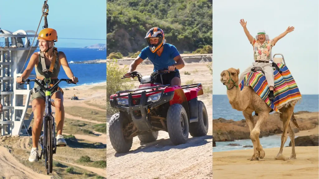 Main image of the 3x1 Combo featuring a SkyBike over the ocean, an ATV on desert trails, and a camel ride by the beach.