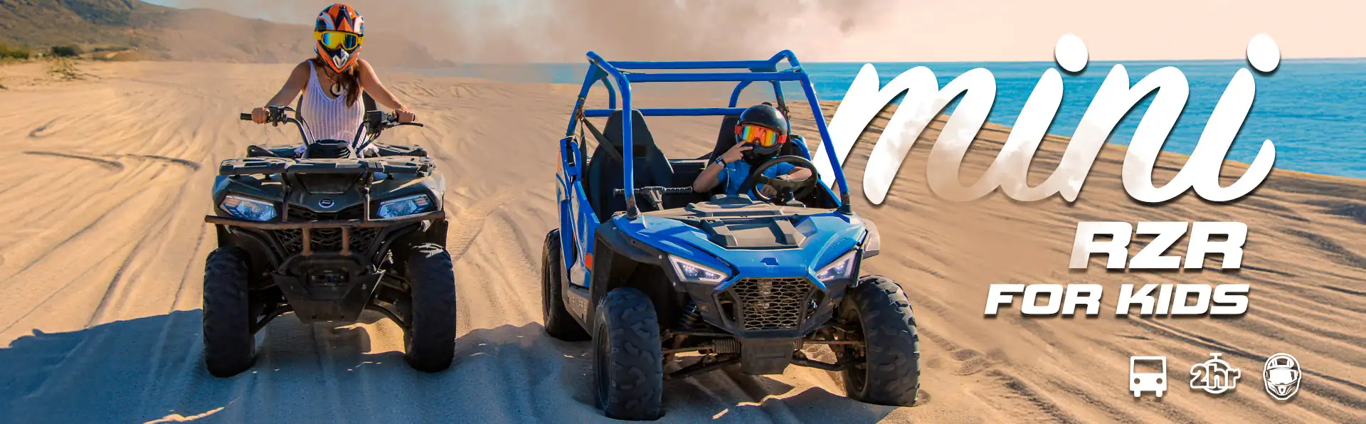 Mini UTV for kids in Los Cabos driving on the beach by the ocean