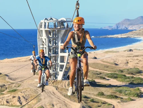 People riding SkyBikes on elevated cables overlooking the ocean, with desert and coastal views in the background.
